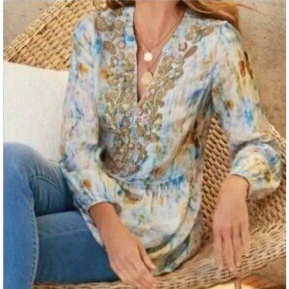 Soft Surroundings Embellished Peasant Top M Boho Floral Tunic Sparkle Beaded - Picture 10 of 10